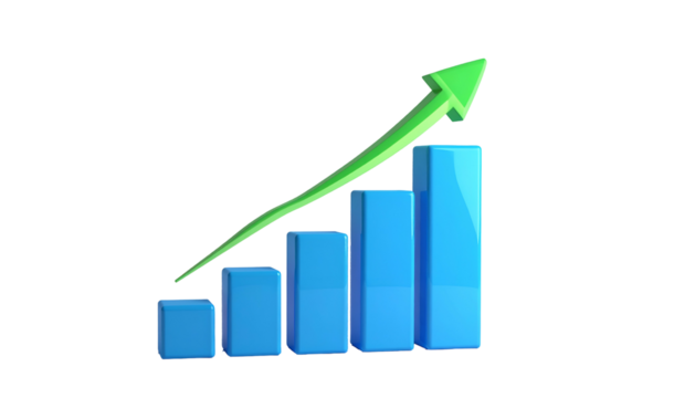 3D blue bar graph ascending with a green upward arrow against black background