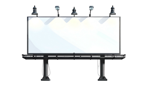A blank, rectangular outdoor advertising board with spotlights on top and a dark background