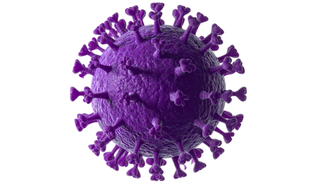3D rendering of a microscopic, spherical viral particle with spiky protein protrusions - Powered by Adobe