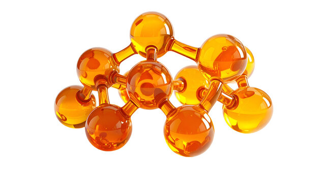 A translucent, orange molecular structure against a stark black background