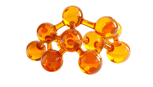 A translucent, orange molecular structure against a stark black background