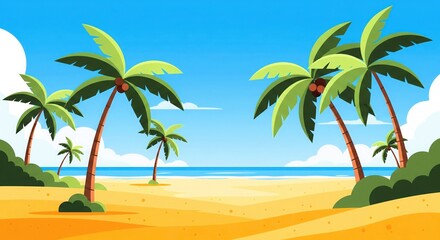 Obraz premium Tropical Beach with Palm Trees. Flat Vector Summer Vacation Background.