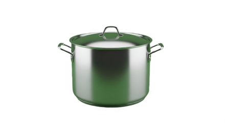 A gleaming stainless steel stock pot with a lid reflects light against a calming green backdrop