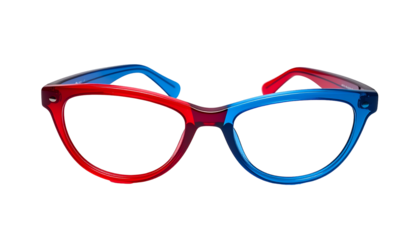Two-toned, open-framed spectacles with red and blue coloring, isolated on a black background