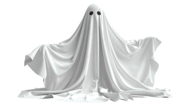 White ghost figure draped in flowing fabric, with two eye holes, isolated on black