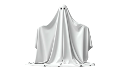 White sheet draped over an unseen form, simple eyes, floating against a black backdrop