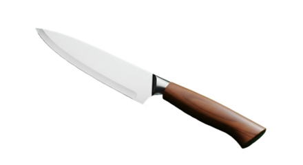 A sleek, modern chef's knife with a wooden handle rests diagonally on a dark, minimalist surface.