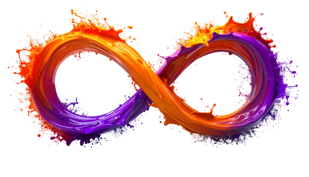 Vibrant liquid infinity symbol, blending orange, purple, and red, splashing against a black background