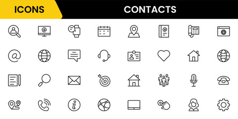 Contact us line icon set. Chat, name, address, email, message, phone, and more. Outline vector icon in linear style. Conceptual pictogram collection