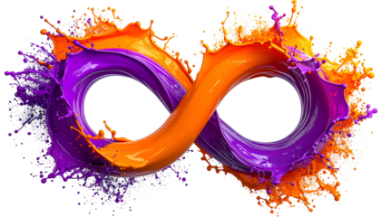 Fluid image of an infinity symbol formed by colliding orange and purple liquid paint