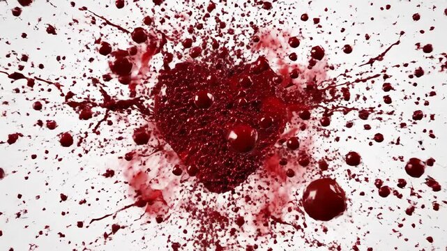 A heart-shaped splatter of dark red liquid, possibly blood, on a white background, creating an impactful visual.