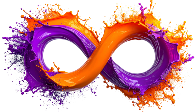 Fluid image of an infinity symbol formed by colliding orange and purple liquid paint