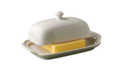 Fototapeta premium A yellow butter stick is kept fresh under a white ceramic butter dish, a still life on a table.