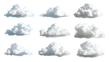 Nine fluffy, white cumulus clouds isolated on a transparent black background