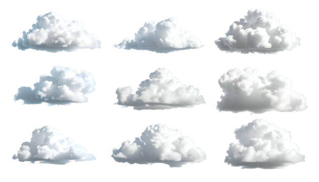 Nine fluffy, white cumulus clouds isolated on a transparent black background