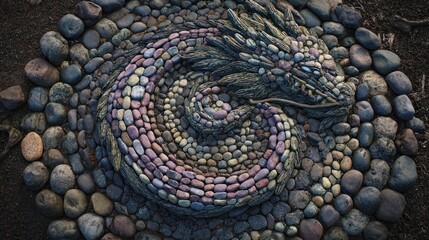 Fototapeta premium Abstract artwork of a coiled dragon constructed from various colored stones