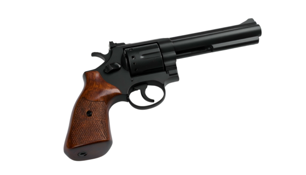 A black revolver with a wooden grip against a stark black background