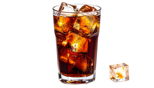 A tall, clear glass filled with bubbly brown beverage and ice cubes; one cube beside