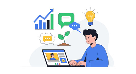Online learning and creative idea development illustration, young man studying with laptop, growth chart, communication icons, and light bulb symbolizing innovation, education, and digital success
