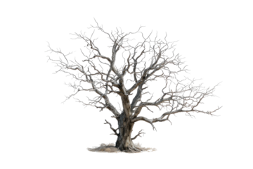 Isolated, leafless tree with a gray trunk and branches, against a stark black background