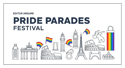 Celebrate global pride festivals with iconic landmarks and vibrant rainbow flags, embracing diversity and inclusion in a joyous international event.