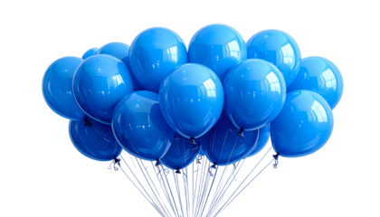 A cluster of many bright blue balloons against a stark black backdrop
