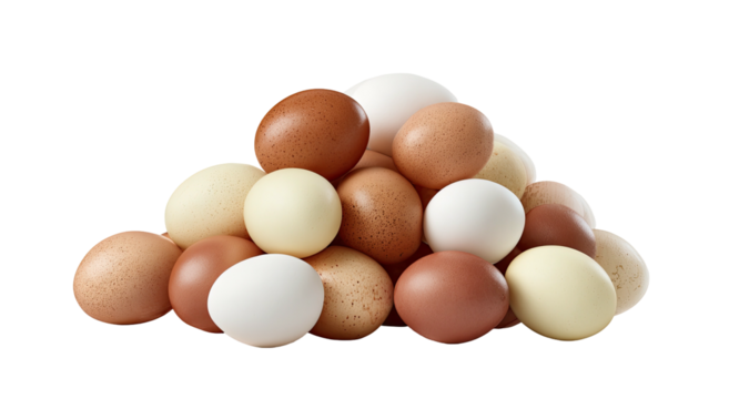Assortment of chicken eggs in a variety of colors, arranged in a small heap against black backdrop