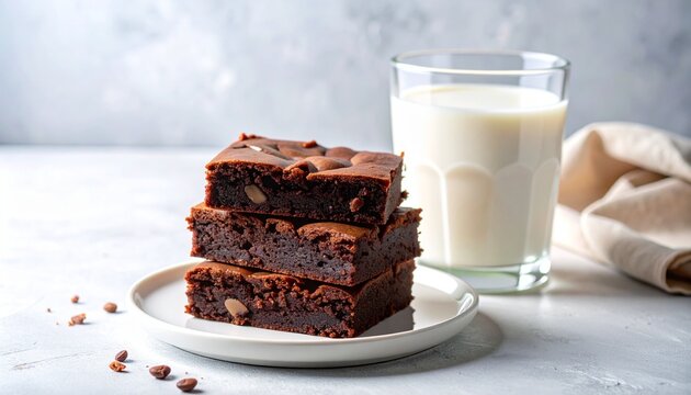 "Three rich, fudgy chocolate brownies stacked beside a glass of milk on parchment paper, evoking comfort and indulgence."