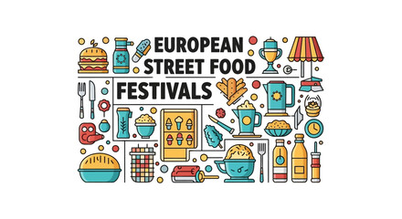 Naklejka premium Celebrate vibrant European street food festivals with this colorful collection of delicious icons perfect for culinary promotions and event marketing.