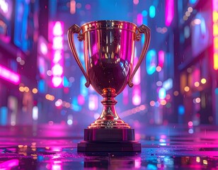 Golden trophy in a vibrant cityscape, lit by neon lights