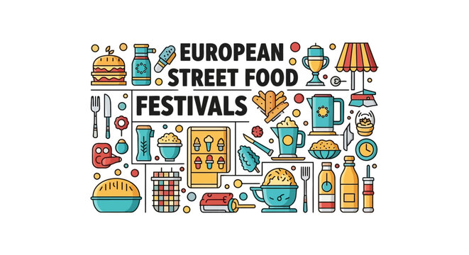 Celebrate vibrant European street food festivals with this colorful collection of delicious icons perfect for culinary promotions and event marketing.