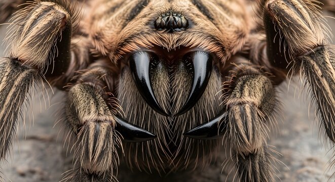 Extreme close-up reveals the intricate details of a tarantula's fangs and hairy legs, showcasing nature's fascinating and formidable design
