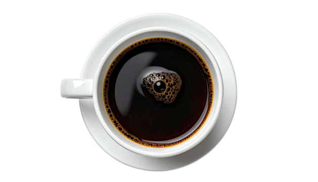 Overhead shot of a white ceramic cup filled with dark, brewed beverage, on a saucer