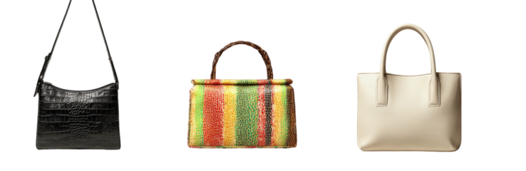 Three fashion handbags A black crossbody, a colorful striped tote, and a cream-colored structured tote