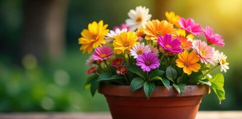 Fototapeta premium A vibrant array of colorful flowers blooming in a rustic terracotta flowerpot, bathed in soft sunlight Perfect for home decor, gardening, and spring themes , purple, growth, colorful