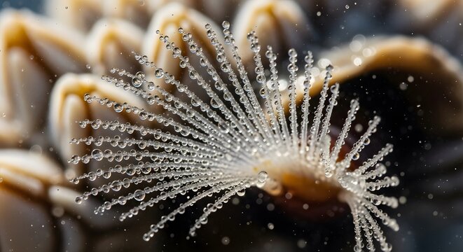 Delicate dandelion seed head adorned with sparkling water droplets, showcasing intricate natural beauty and serene freshness in macro detail - Powered by Adobe