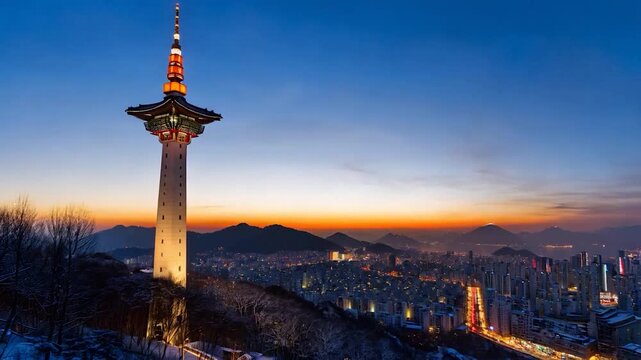 Gwangju's Majestic Sunset:  Towering Landmark & City Lights