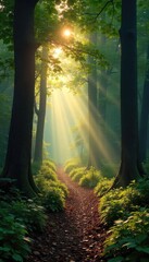 Obraz premium Serene woodland scene at dawn Misty forest path winds through ancient trees, sunlight filtering through leaves Perfect for nature, travel, and environmental themes , mist, peaceful