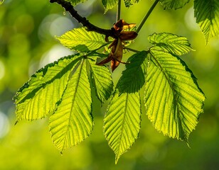 Green leaves backlit by sunlight in a blurred, natural background