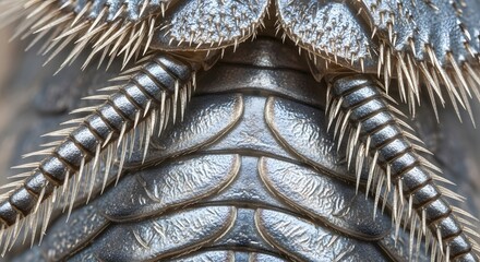 Extreme macro view reveals intricate textured armor and sharp bristly spines on an insect's segmented exoskeleton, showcasing biological design and survival adaptations.