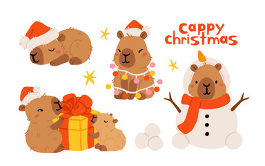 Collection of winter cute capybaras with New Years wreath, gift, bathing in hot water and in Christmas bow and hat. Vector illustration. Isolated kawaii animal character