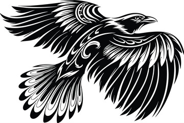 Ornate raven soars powerfully, its wings spread wide, featuring intricate tribal motifs on its feathers