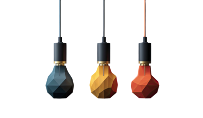 Three faceted decorative lightbulbs hang against a black backdrop, varying in color and wire hues