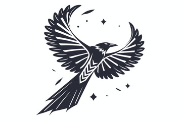 Stylized black magpie soars with widespread wings, accompanied by celestial stars on a plain backdrop