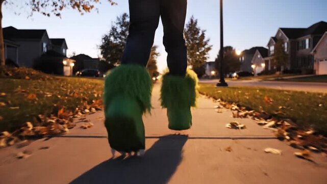Person Walking on Sidewalk Wearing Green Fuzzy Footwear at Dusk.