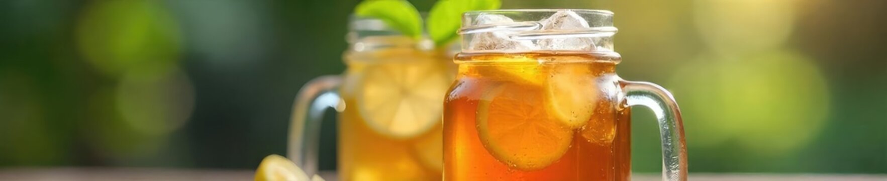 Refreshing iced tea in a mason jar with ice cubes and lemon slices, perfect for a hot summer day Enjoy the cool, crisp beverage , yellow, beverage, container