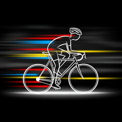Fototapeta premium Dynamic illustration of a cyclist in motion, capturing the speed and energy of the sport with vibrant streaks of light against a dark background