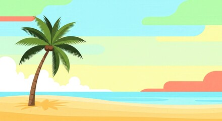Obraz premium Minimal Tropical Beach with Palm Tree. Flat Vector Pastel Background.