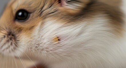 Captivating close-up reveals intricate details of a fluffy hamster's soft fur and curious dark eye, showcasing natural beauty and delicate textures.