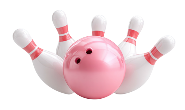 A pink bowling ball surrounded by five pins, showcasing a strike in a vector design